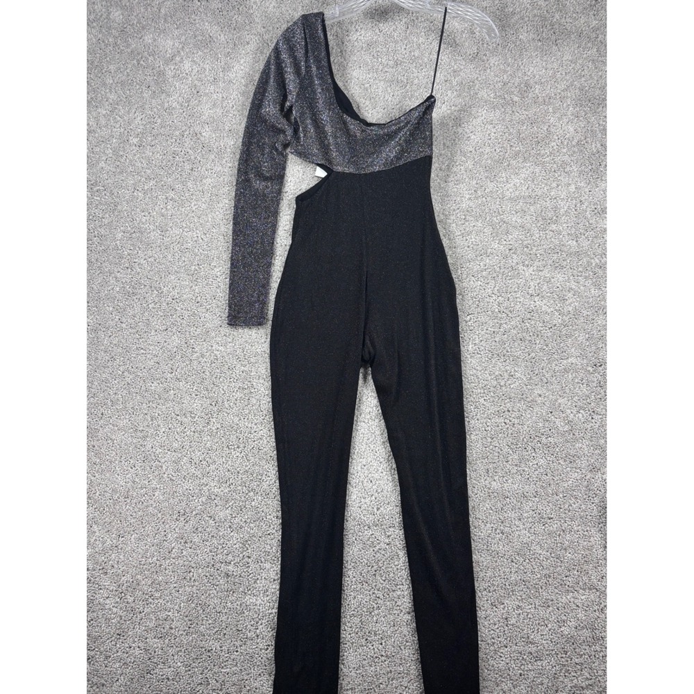 Naked Wardrobe Womens Black Silver Lurex One Shoulder Cutout Jumpsuit NW-J2269 S